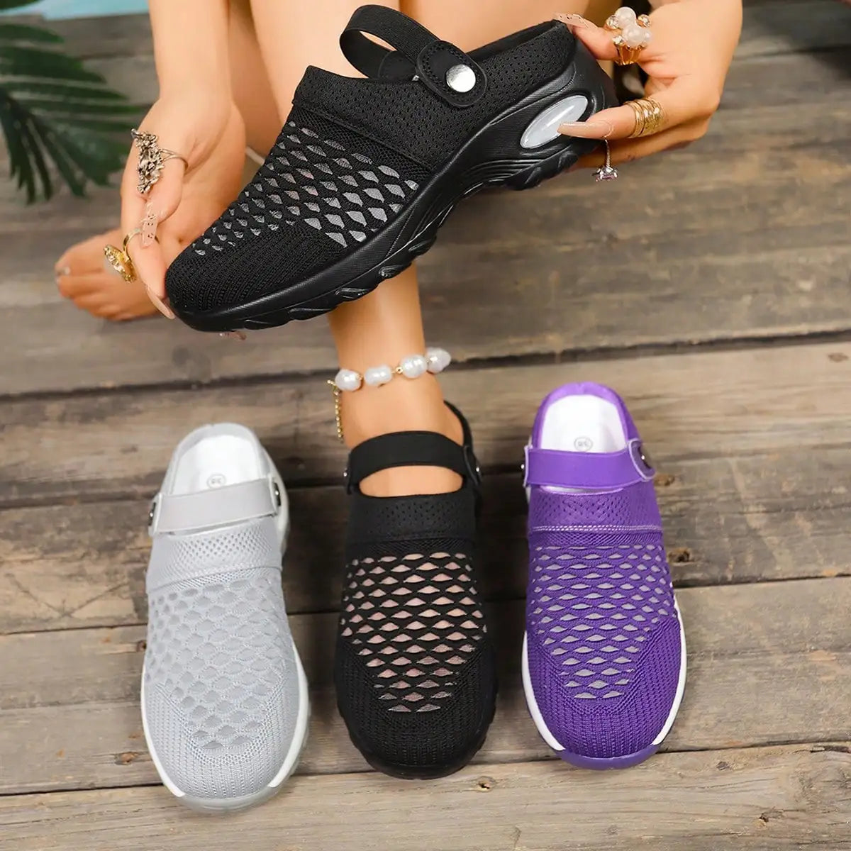 Women Breathable Mesh Air Cushion Platform Clog Sandals, Adjustable Back Strap Slip On Mules Open Back Walking Shoes, Non Slip Thick Sole Comfort Casual Footwear for Outdoor Beach Shopping Daily Travel Gym Summer Wear