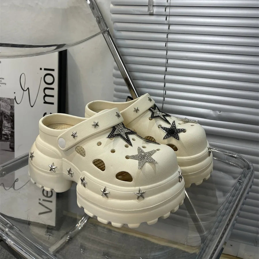 Women Summer Sandals High 10cm Heels Platform Clogs with Star Charms Garden Shoes Waterproof Beach Pool Sandals Mules Slippers