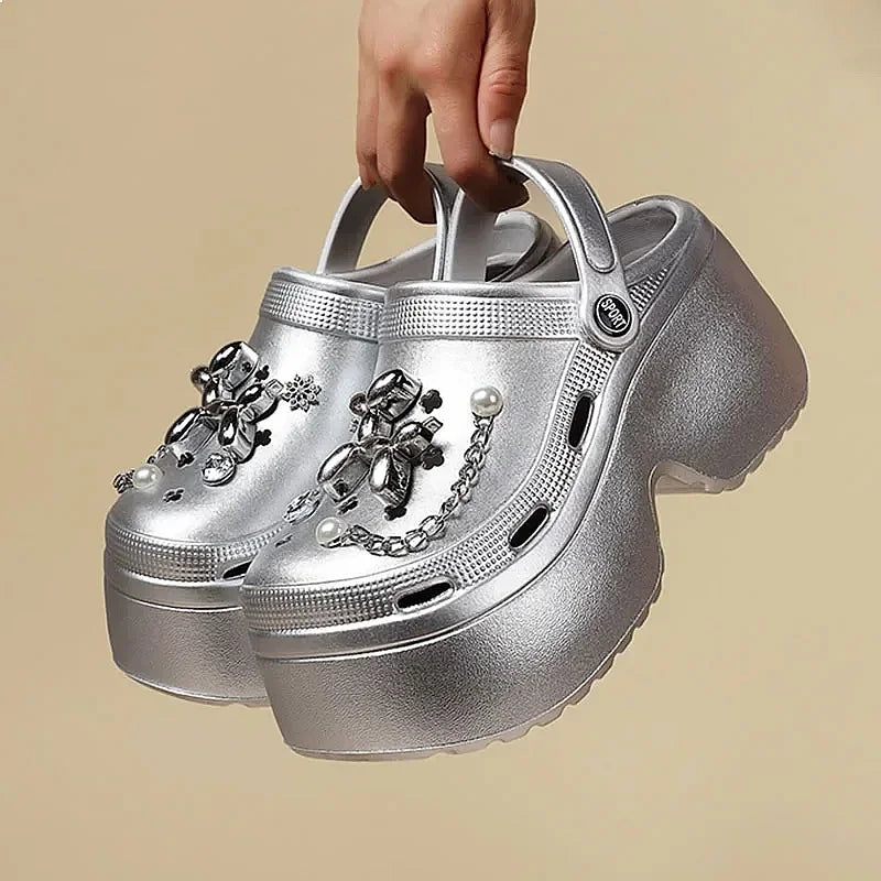 Women's DIY Clogs Summer 2026 Slip On Wedge Heels Chunky Platform Sandals Silver Chain EVA Garden Shoes
