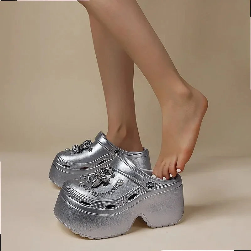 Women's DIY Clogs Summer 2026 Slip On Wedge Heels Chunky Platform Sandals Silver Chain EVA Garden Shoes