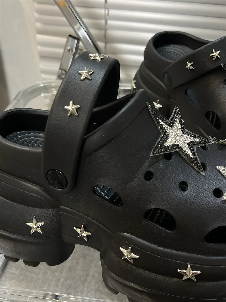 Women Summer Sandals High 10cm Heels Platform Clogs with Star Charms Garden Shoes Waterproof Beach Pool Sandals Mules Slippers