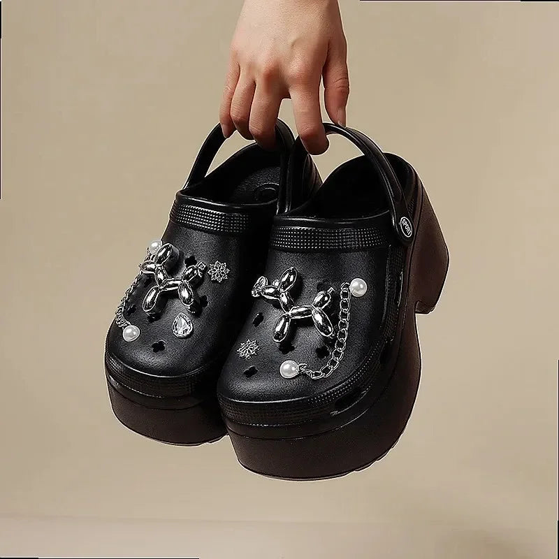 Women's DIY Clogs Summer 2026 Slip On Wedge Heels Chunky Platform Sandals Silver Chain EVA Garden Shoes